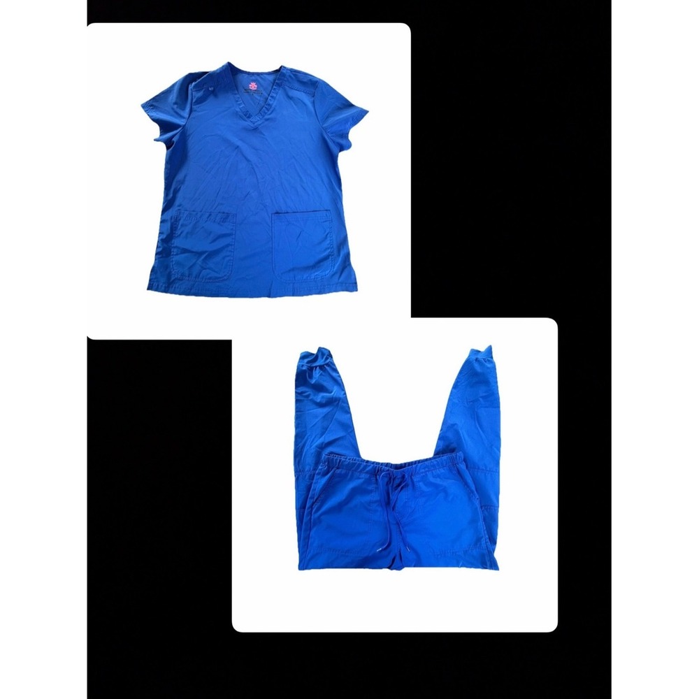 Medical Nursing Scrubs Top & Jogger Set Women's Size Large Royal Blue Stretch